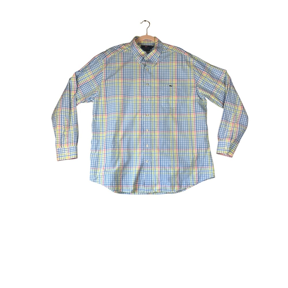 Vineyard Vines Slim Fit Tucker Shirt XXL Men Blue Pink Plaid Gingham Long Sleeve